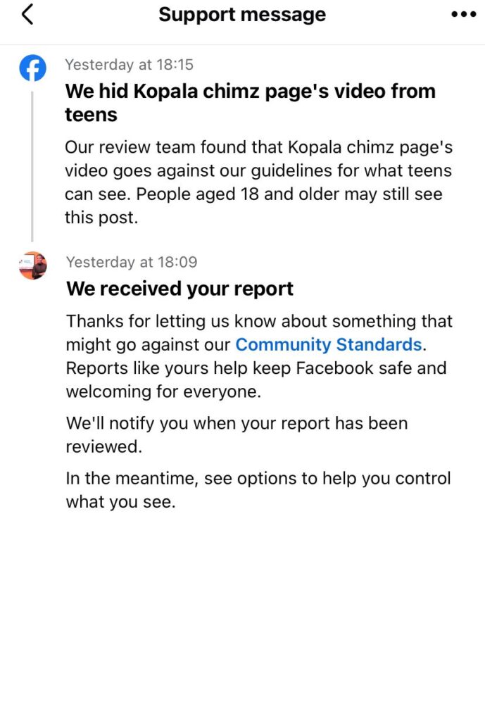 Picture 10 A screenshot of Facebook action after the reported post Photo credit DUBAWA