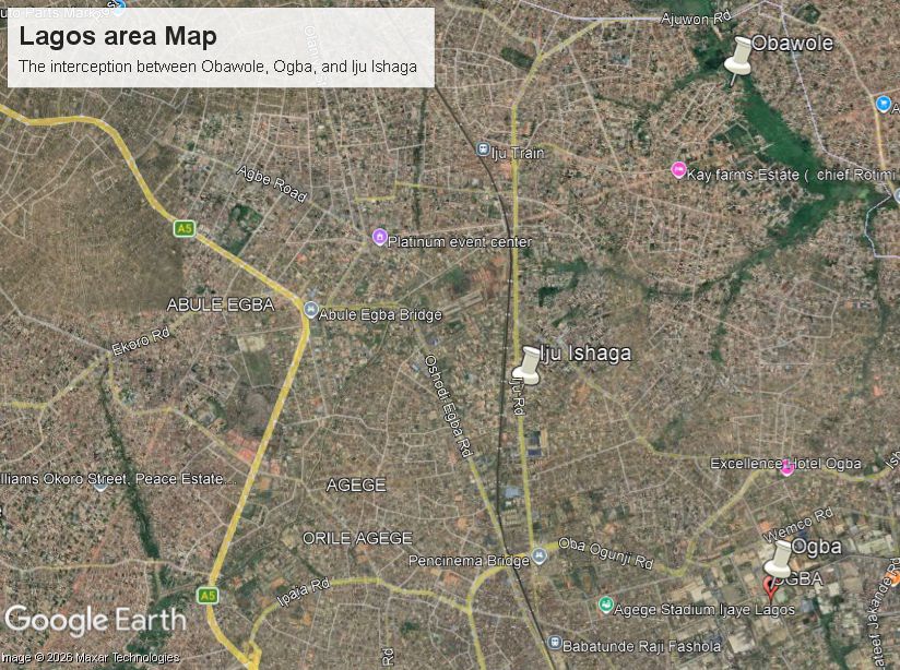Picture 3 The point where Obawole Iju Ishaga and Ogba intersect in Lagos Photo source Google Earth 1